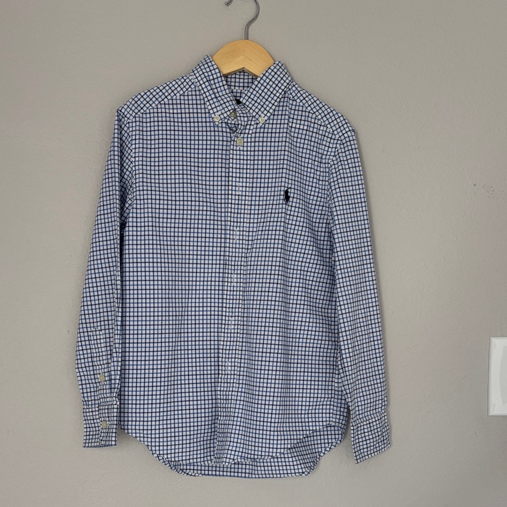 Ralph Lauren Boys Light Blue & Navy Checkered Button Down Shirt Blue Pony  S8